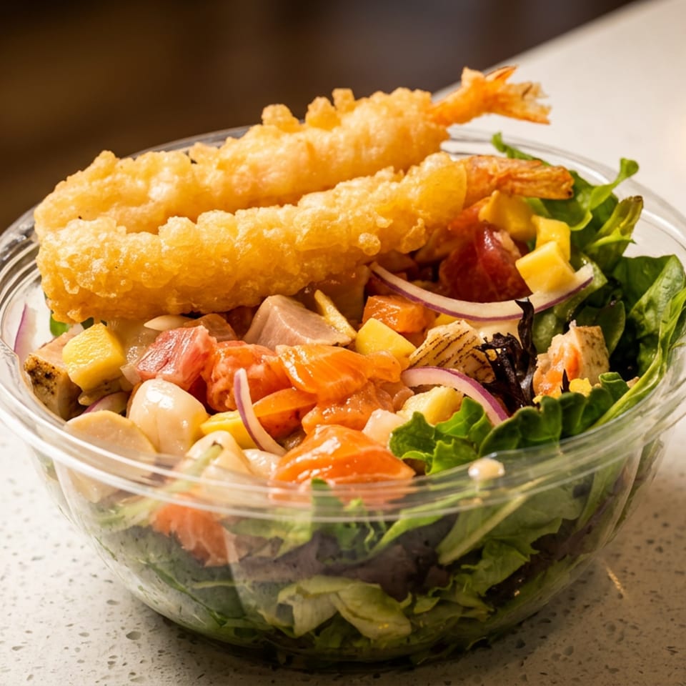 Glass bowl of mixed greens, diced vegetables, salmon, and crispy fried shrimp on a speckled countertop.