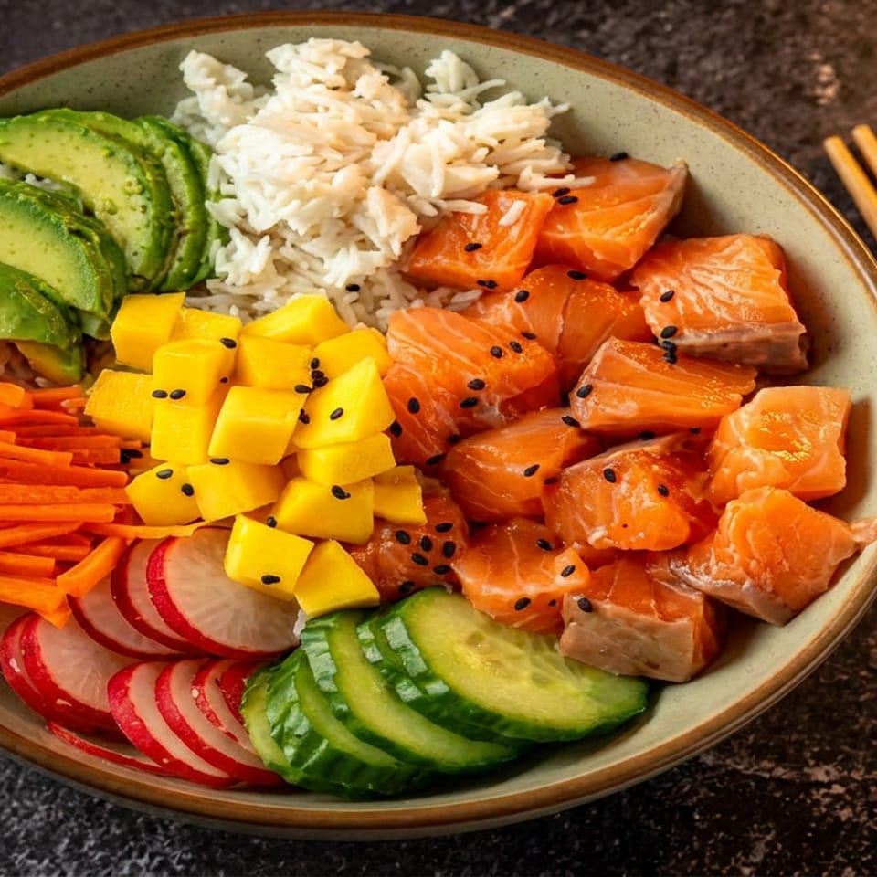 Poke bowl with salmon, avocado, mango, rice, carrots, radishes, cucumber, sesame seeds, and chopsticks.
